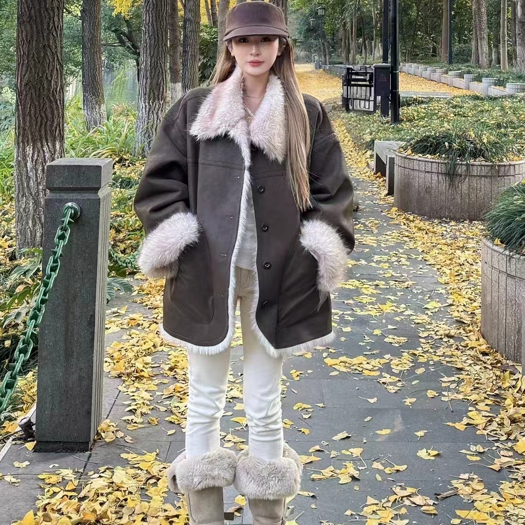 网红休闲皮毛一体加厚女外套