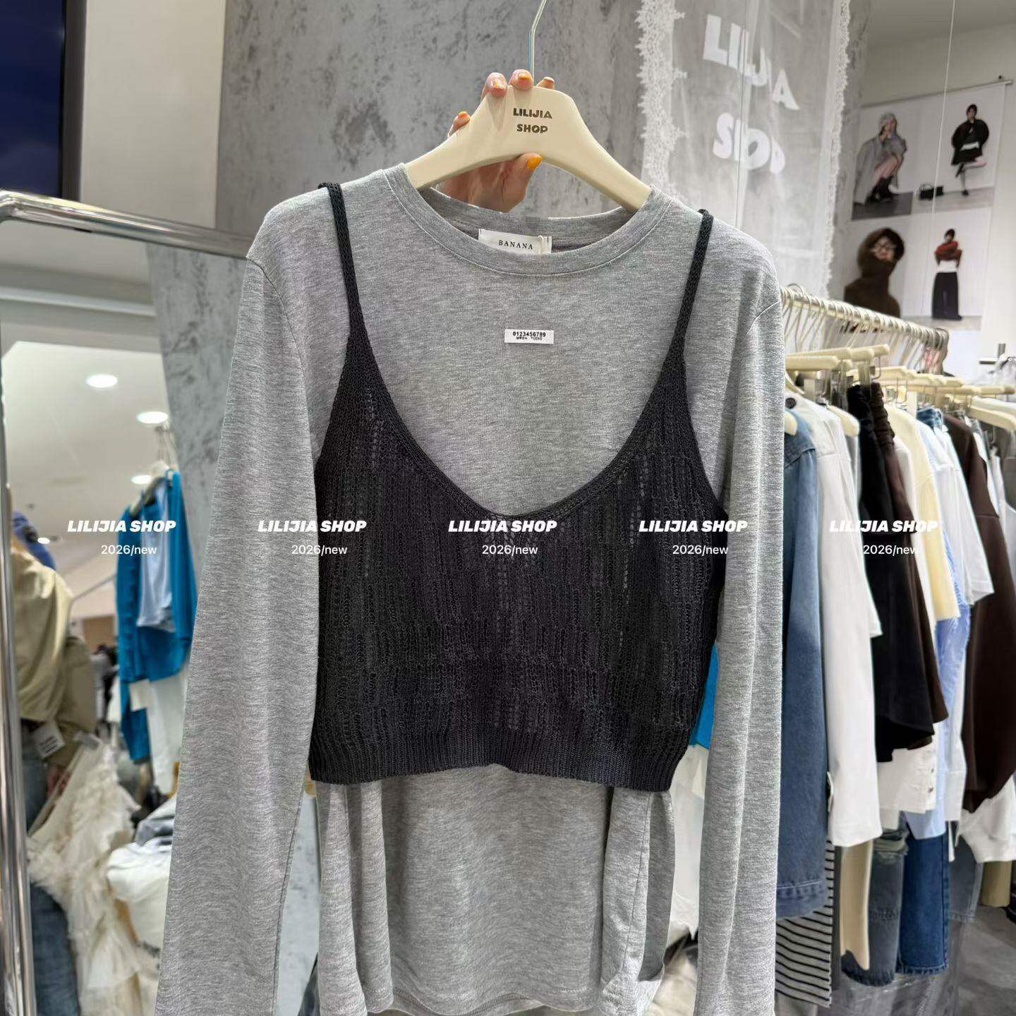 2026新款韩版镂空针织吊带背心女搭长袖T恤两件套女叠穿百搭显瘦