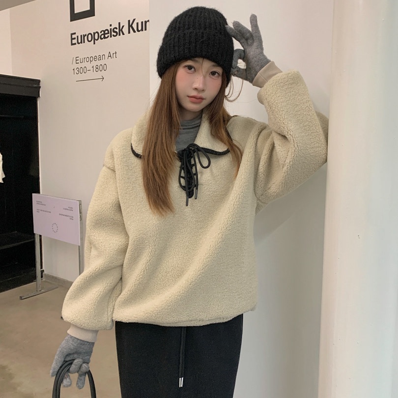 韩系摇粒绒翻领系带加厚卫衣外套