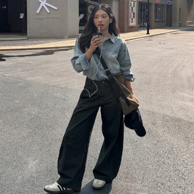 美式复古水洗做旧高级感弯刀裤女