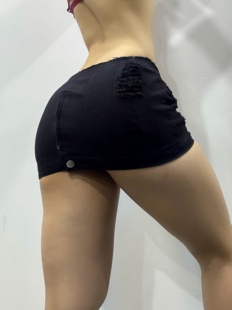 上拉链下扣欧美高弹性感辣妹中低腰牛仔短裙破洞乞丐超短包臀裙