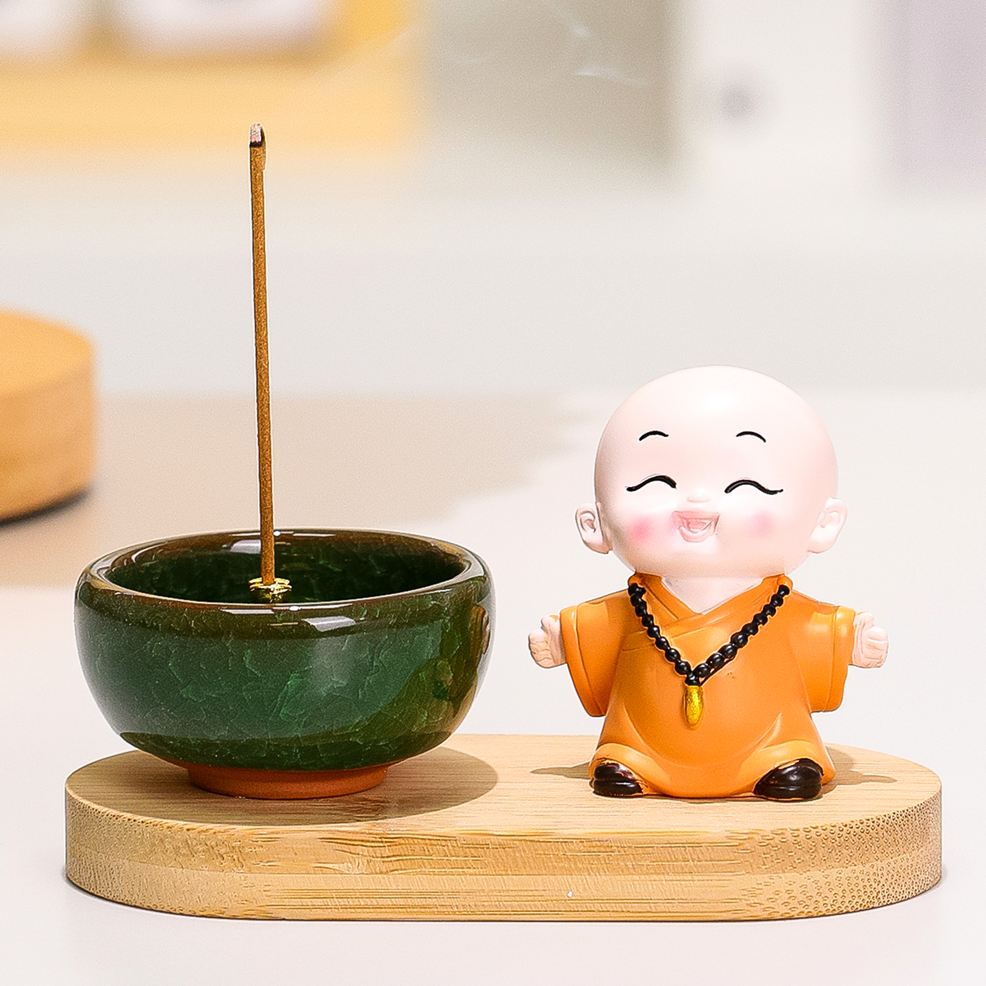 中式禅意慧圆和尚木底座香炉摆件可爱小沙弥桌面茶桌茶台装饰摆件