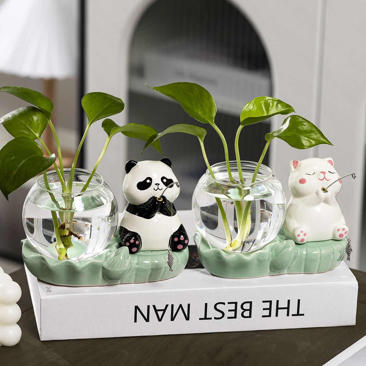 创意花瓶熊猫青蛙钓鱼水培摆件客厅玄关透明玻璃绿萝插花器皿装饰
