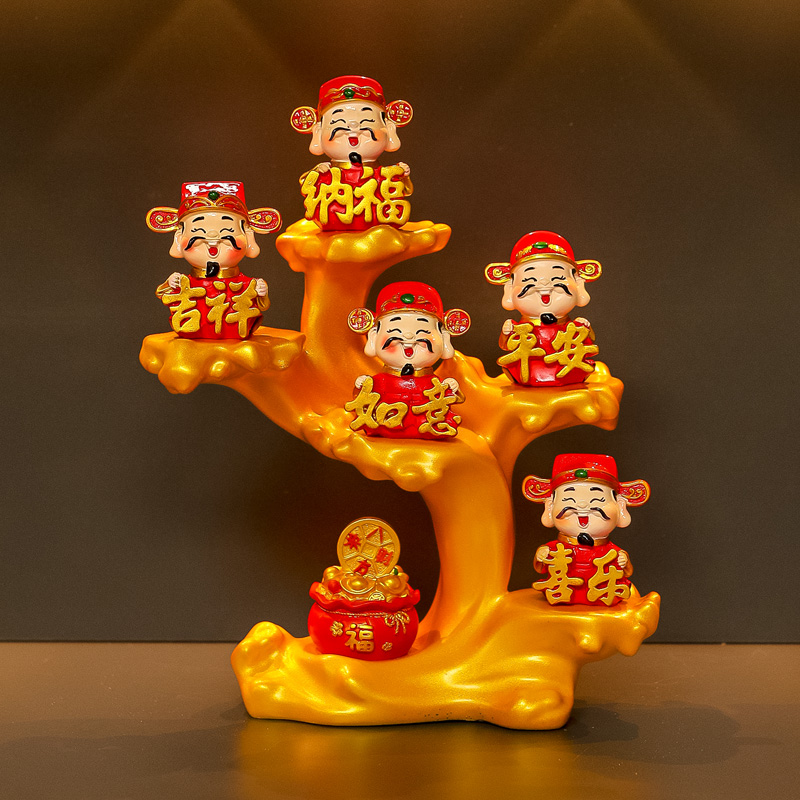 国潮风玄关桌面创意财神爷发财树
