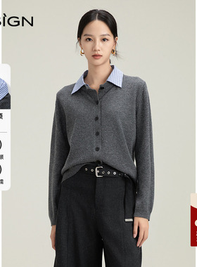 商场同款D.SIGN韩系拼接领毛衣女2025秋冬新款简约通勤宽松上衣