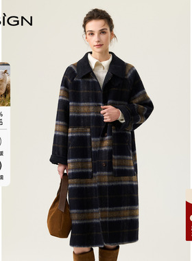 D.SIGN冬季复古格纹羊毛大衣女长款翻领双面呢外套高级感学院风
