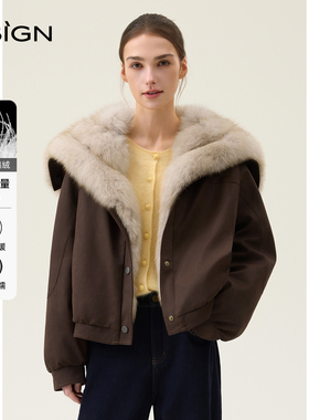 D.SIGN冬季新款90鹅绒狐狸毛领短款皮草外套女保暖高端棕色夹克