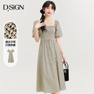 新款 D.SIGN复古文艺方领纯棉连衣裙女2025夏季 打揽收腰显瘦中长裙