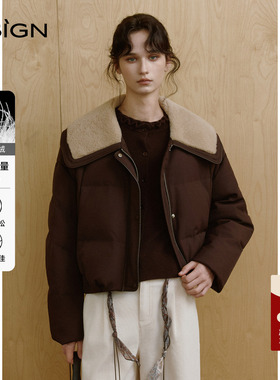【商场同款】DSIGN冬季复古咖色90鹅绒羽绒服女短款毛领保暖外套