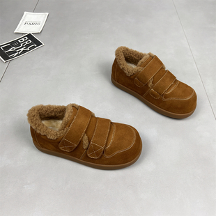 单鞋 真皮百搭加绒面包鞋 魔术贴圆头毛毛鞋 新款 女雪地靴 女2025冬季