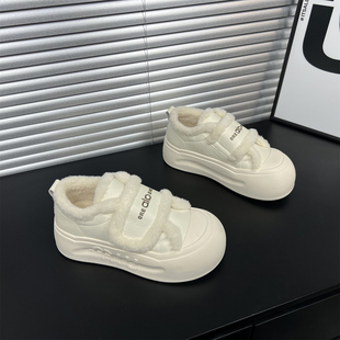 真皮厚底魔术贴毛毛小白鞋女2025冬季新款加绒保暖懒人百搭板鞋