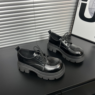 真皮松糕厚底休闲乐福单鞋 学院风 新款 女2026春季 复古黑色小皮鞋