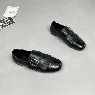 复古流苏加绒布洛克单鞋 头层牛皮方头雕花小众小皮鞋 女2025冬新款