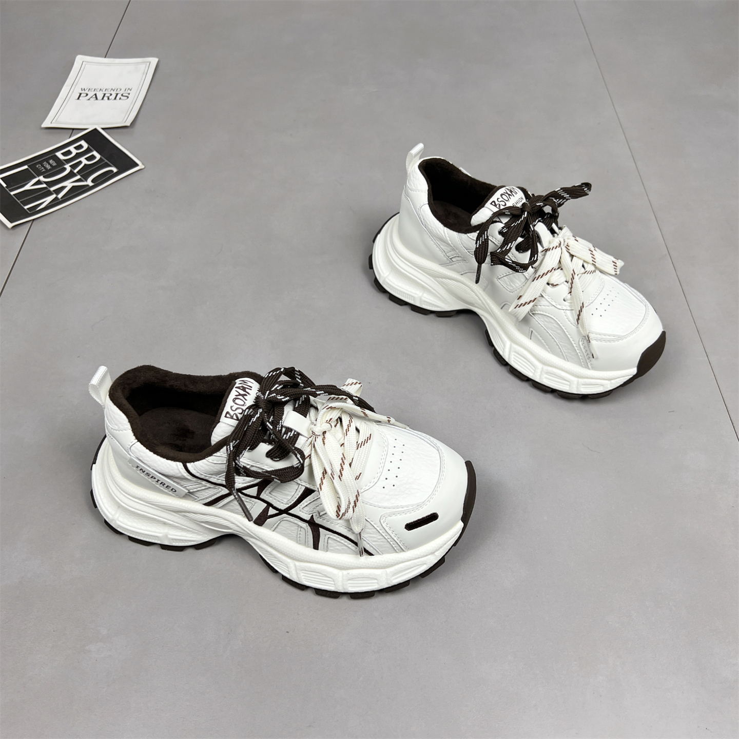 真皮小白鞋双鞋带加绒老爹鞋女