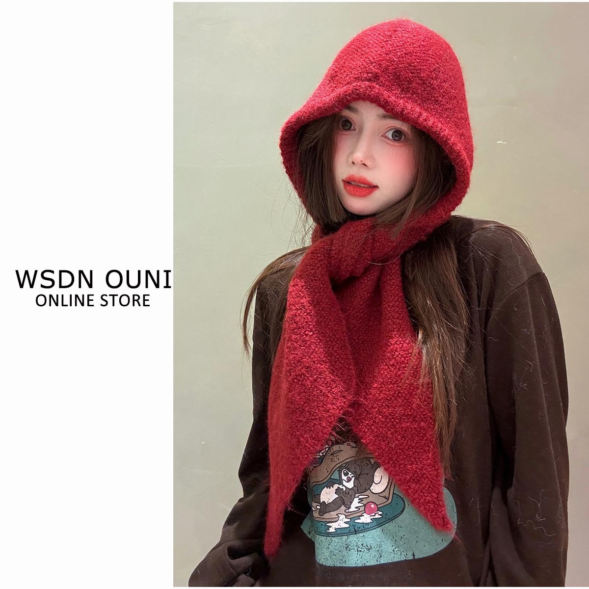 WEISHIDINI/威仕蒂尼澳洲羊毛安可拉红针织帽围巾披肩三合一保暖