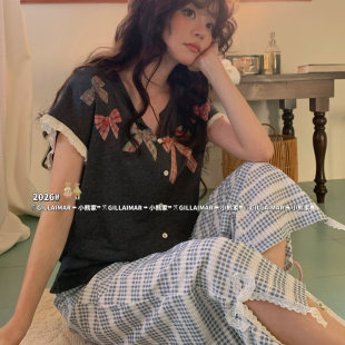 Aimar小熊家正品 家居服套装 睡衣女款 甜美花边蝴蝶结短袖 夏季 Gill
