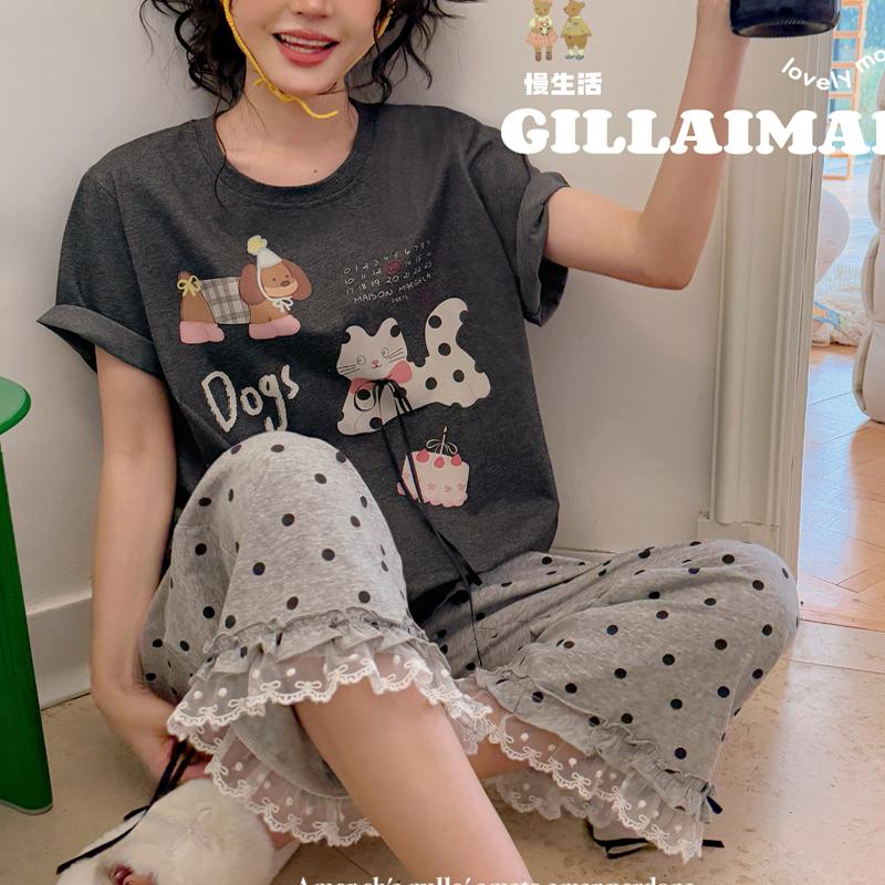 短袖睡衣女Gill Aimar原版夏季半袖八分裤卡通腊肠狗小熊家家居服