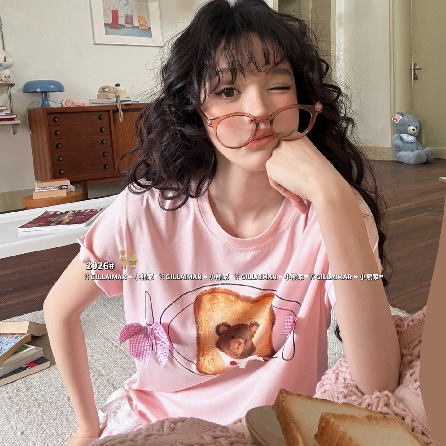 GillAimar小熊家睡衣女款上衣单件夏季薄款甜美可爱短袖T恤家居服