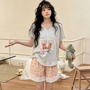 特价小熊家睡衣女生夏季丝光棉短袖短裤可外穿家居服夏天夏款套装
