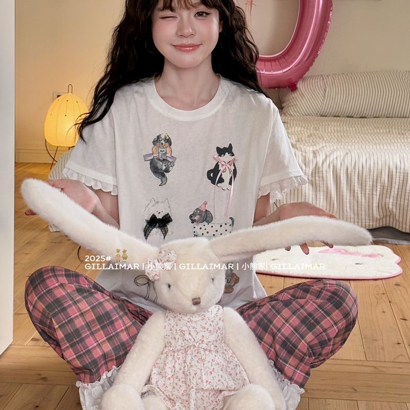 Gill Aimar小熊家2025新品短袖长裤睡衣女夏季格子宠物家居服套装