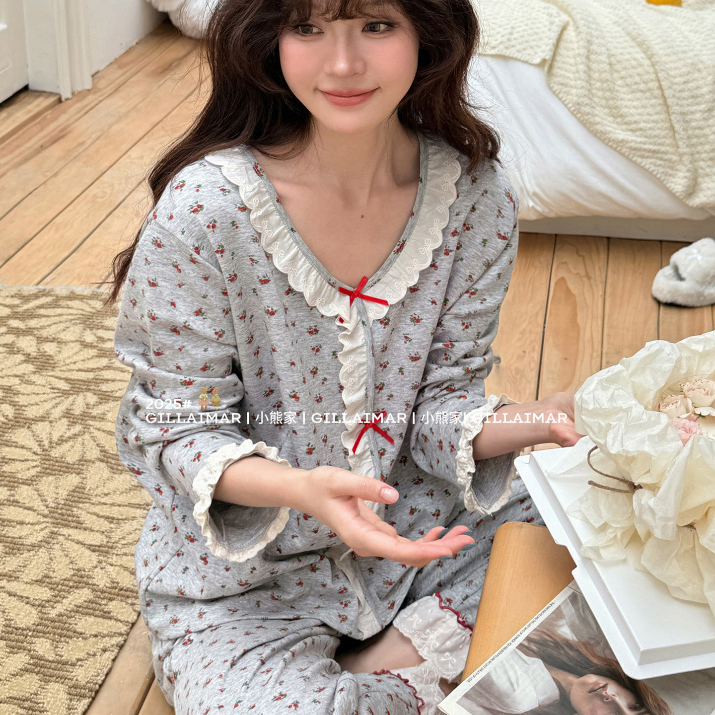 小熊家Gill Aimar小清新碎花睡衣女款秋季花边长裤长袖家居服套装