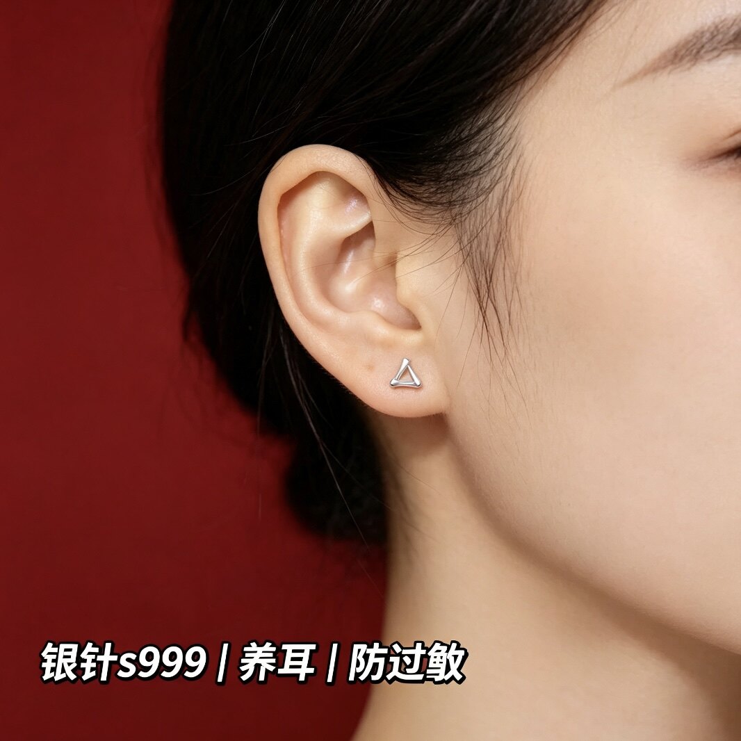s999足银几何耳钉女简约设计