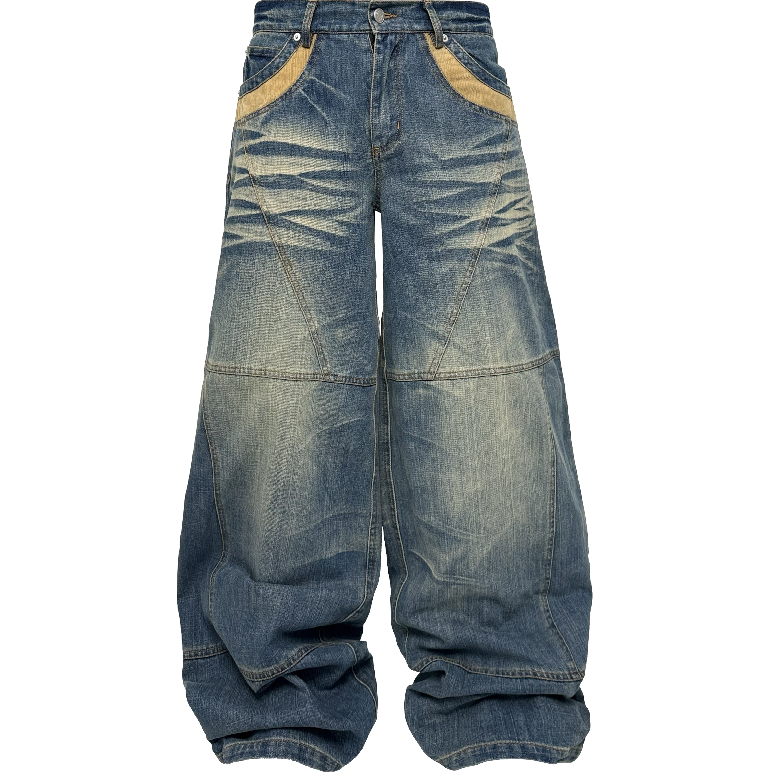 pccvision竹节纹水洗拼接牛仔裤