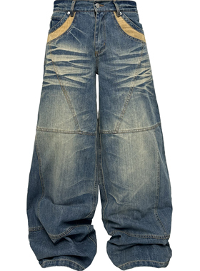 [PCCVISION] 3MAN0N 竹节纹拼接深蓝色水洗做旧baggy宽松牛仔裤