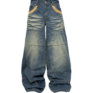 竹节纹拼接深蓝色水洗做旧baggy宽松牛仔裤 3MAN0N PCCVISION