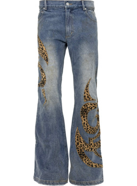 [PCCVISION] 3MAN0N 豹纹图腾贴布绣做脏蓝色水洗微喇牛仔裤