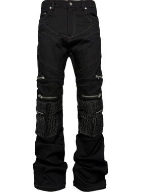 [PCCVISION] 3MAN0N 拉链拼皮辑明线弹力修身喇叭黑色机车裤