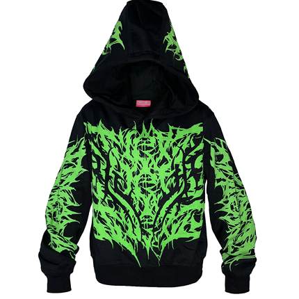 [PCCVISION] 3MAN0N 我恨你满印绿色印花连帽套头黑色卫衣