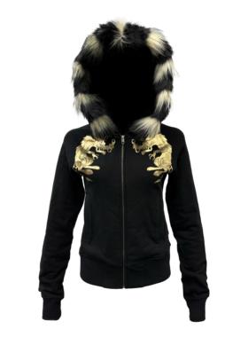 [PCCVISION] 3MAN0N 烫金双面印花毛领连帽拉链黑色弹力修身卫衣