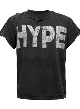 [PCCVISION] 3MAN0N HYPE印花水洗黑色做旧破坏短袖圆领t恤