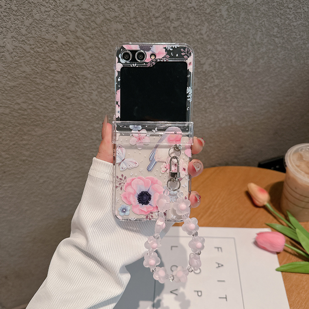 适用于三星Zflip7/Zflip6折叠手机壳樱花Samsung Zflip5百灵鸟Zflip4带手链花鸟Zflip3透明保护套硬壳带挂绳