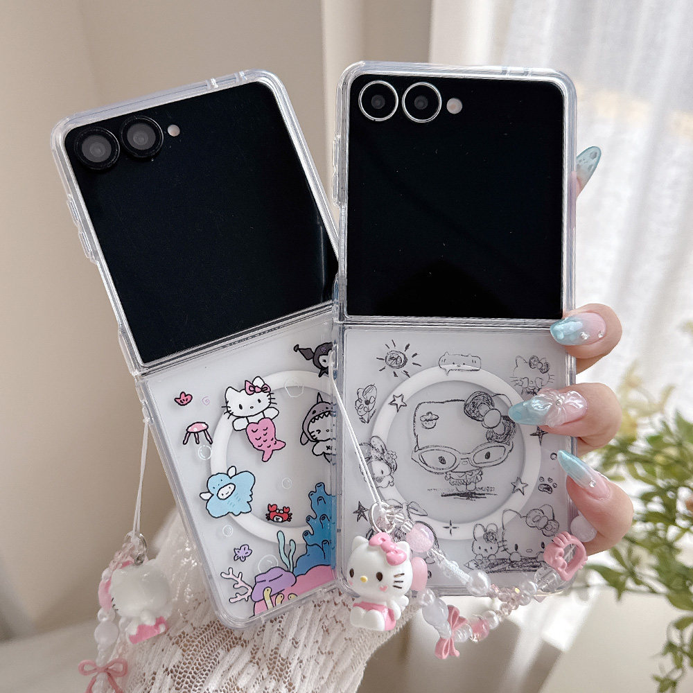 卡通水族馆适用于三星Zflip8磁吸折叠手机壳无线充电凯蒂猫Samsung Zflip7透明彩绘硬壳带手链日本动漫三件套