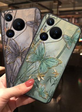 墨竹蝴蝶浮雕适用于华为pura70ultra/p60/p50手机壳mate70/60/mate30精美nova12pro全包8se软壳nova13荣耀200