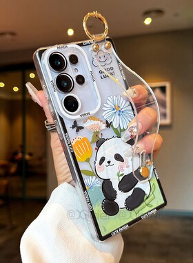 可爱熊猫适用三星S26/S25ultra/S24ultra/S23/S25FE腕带手机壳S22ultra透明A56/A55/A53卡通A17/A16/A26/A15