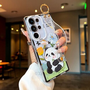 可爱熊猫适用三星S26/S25ultra/S24ultra/S23/S25FE腕带手机壳S22ultra透明A56/A55/A53卡通A17/A16/A26/A15