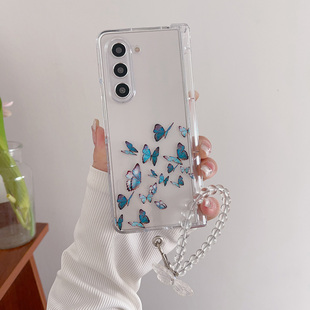 蓝色蝴蝶适用三星ZFold6折叠手机壳ZFold5七菜彩蝶飞舞ZFold4带中轴翻盖保护套透明硬壳带手链