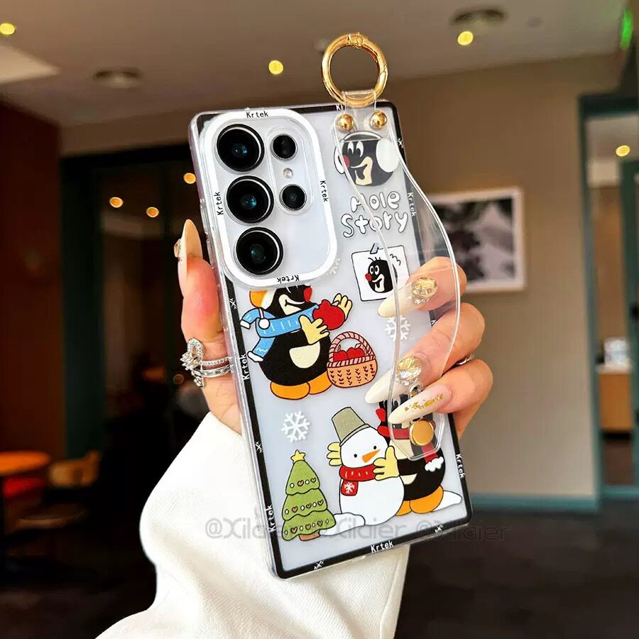 涂鸦卡通适用三星S25/S24ultra/S23ultra/S22/S24fe腕带手机壳S22ultra透明A56/A55/A53雪人A17/A16/A26/A15