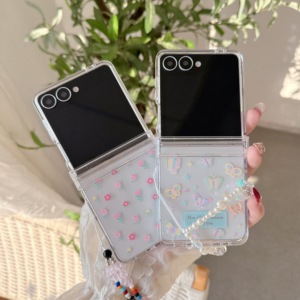 花蝴蝶适用于三星Z Flip8/Z Flip7折叠手机壳Samsung Zflip6涂鸦小花朵Zflip7 FE小粉花Z flip5透明硬壳