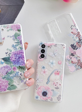 唯美花鸟适用于三星S26ultra/S25ultra/S24/S23手机壳涂鸦S22ultra彩绘A16/A36绣球花A56/A55/A57软壳A17/A07