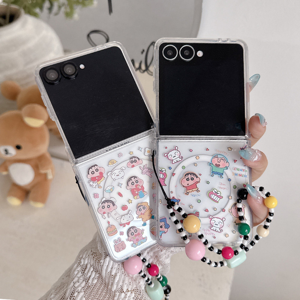 可爱小新适用于三星Zflip8磁吸折叠手机壳无线充电Samsung Zflip7日本卡通透明彩绘硬壳带手链动漫三件套