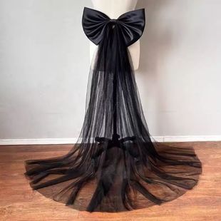 饰飘带 婚纱黑色蝴蝶结配饰大拖尾腰带新娘背饰网纱装 法式 复古新款