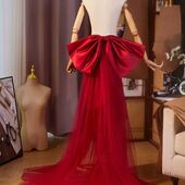 2025新款 lolita手工大红色蝴蝶结拖尾纱腰间可拆卸婚纱主持人配饰