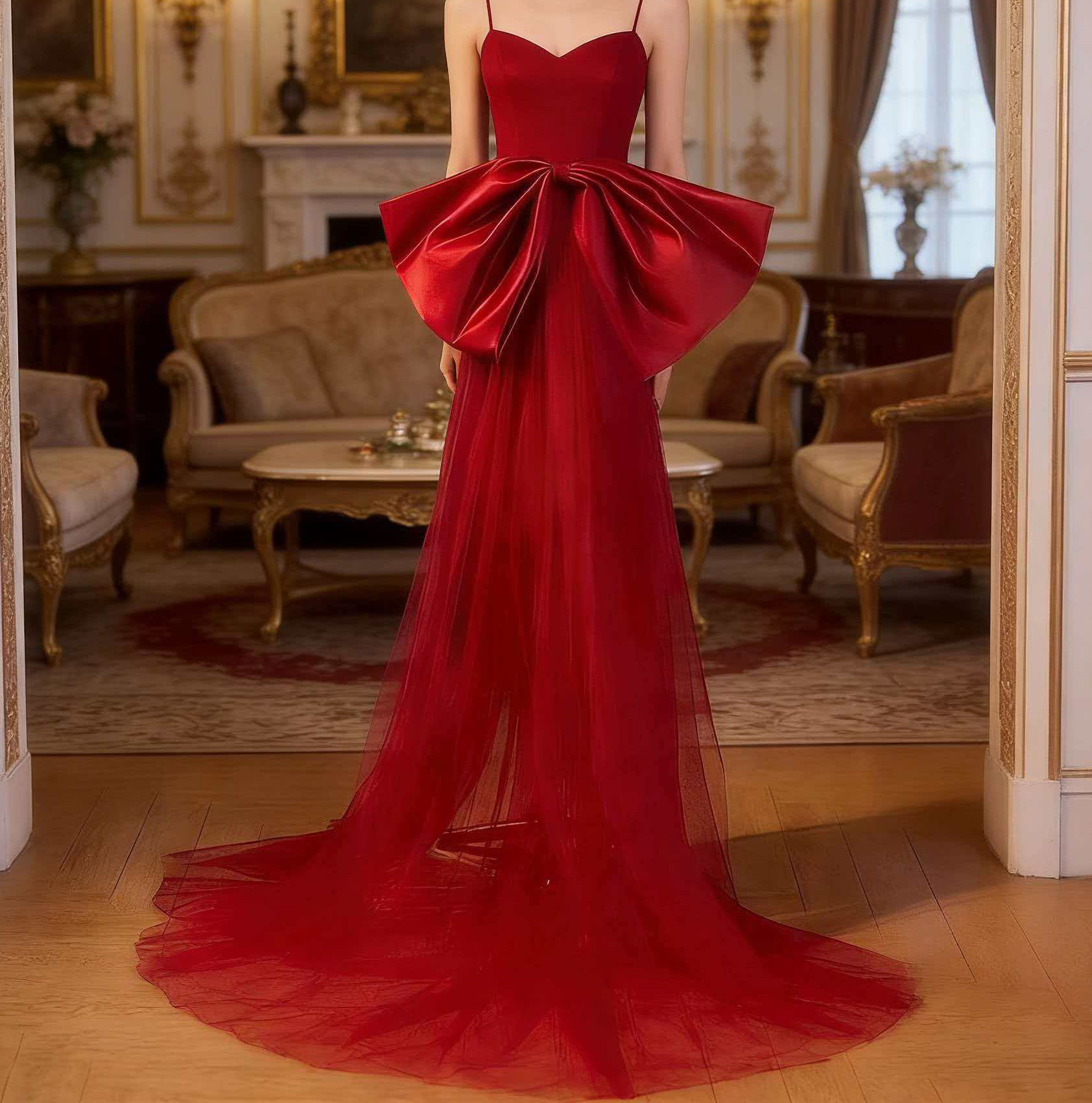 2025新款lolita手工大红色蝴蝶结拖尾纱腰间可拆卸婚纱主持人配饰