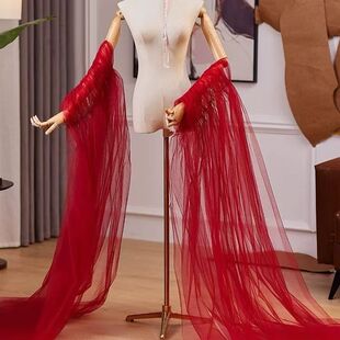 红色网纱配饰高端手工仙气披肩主持人年会晚礼服饰品夸张拍照拖尾