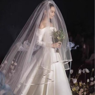 张馨予同款双层新娘婚纱超长头纱拖地新娘缎面包边主婚纱大头饰女