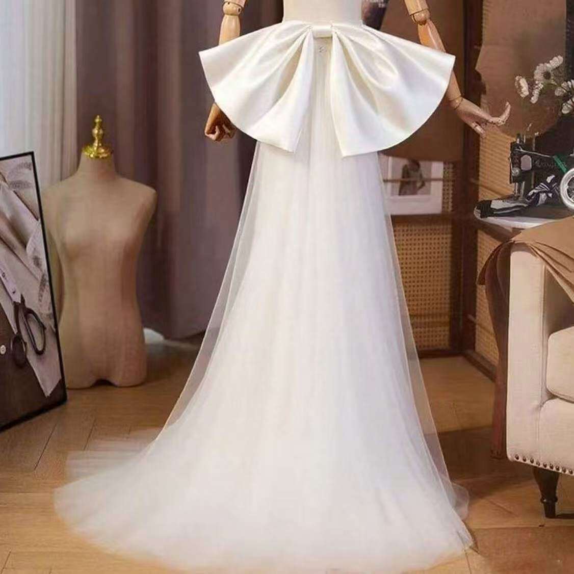 晚会新娘礼服手工后背网纱装饰立体蝴蝶结配饰走秀公主白色拖尾纱